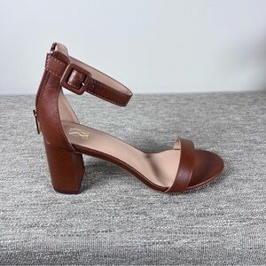 NY&C Lulu Single Band Cognac Block Heel Sandals, Size 7.5M